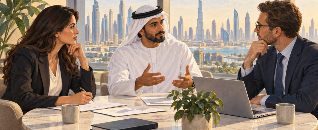 Illustrazione di professionisti riuniti attorno a un tavolo con documenti e skyline di Dubai sullo sfondo