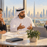 Illustrazione di professionisti riuniti attorno a un tavolo con documenti e skyline di Dubai sullo sfondo