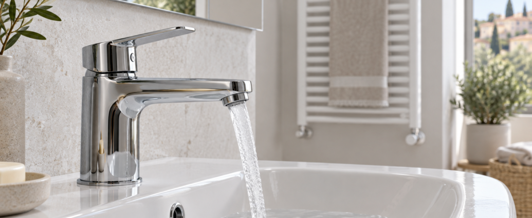 Miscelatore del lavabo con un getto d’acqua e radiatore sullo sfondo di un bagno luminoso