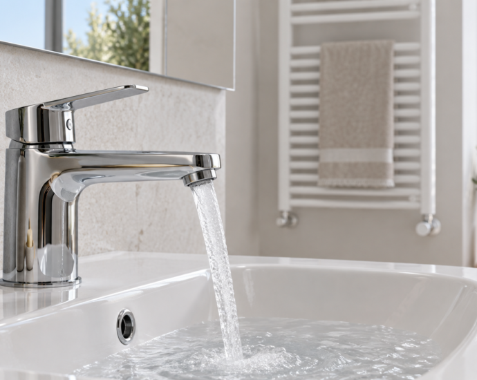 Miscelatore del lavabo con un getto d’acqua e radiatore sullo sfondo di un bagno luminoso