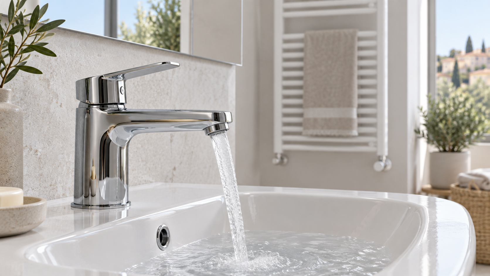 Miscelatore del lavabo con un getto d’acqua e radiatore sullo sfondo di un bagno luminoso
